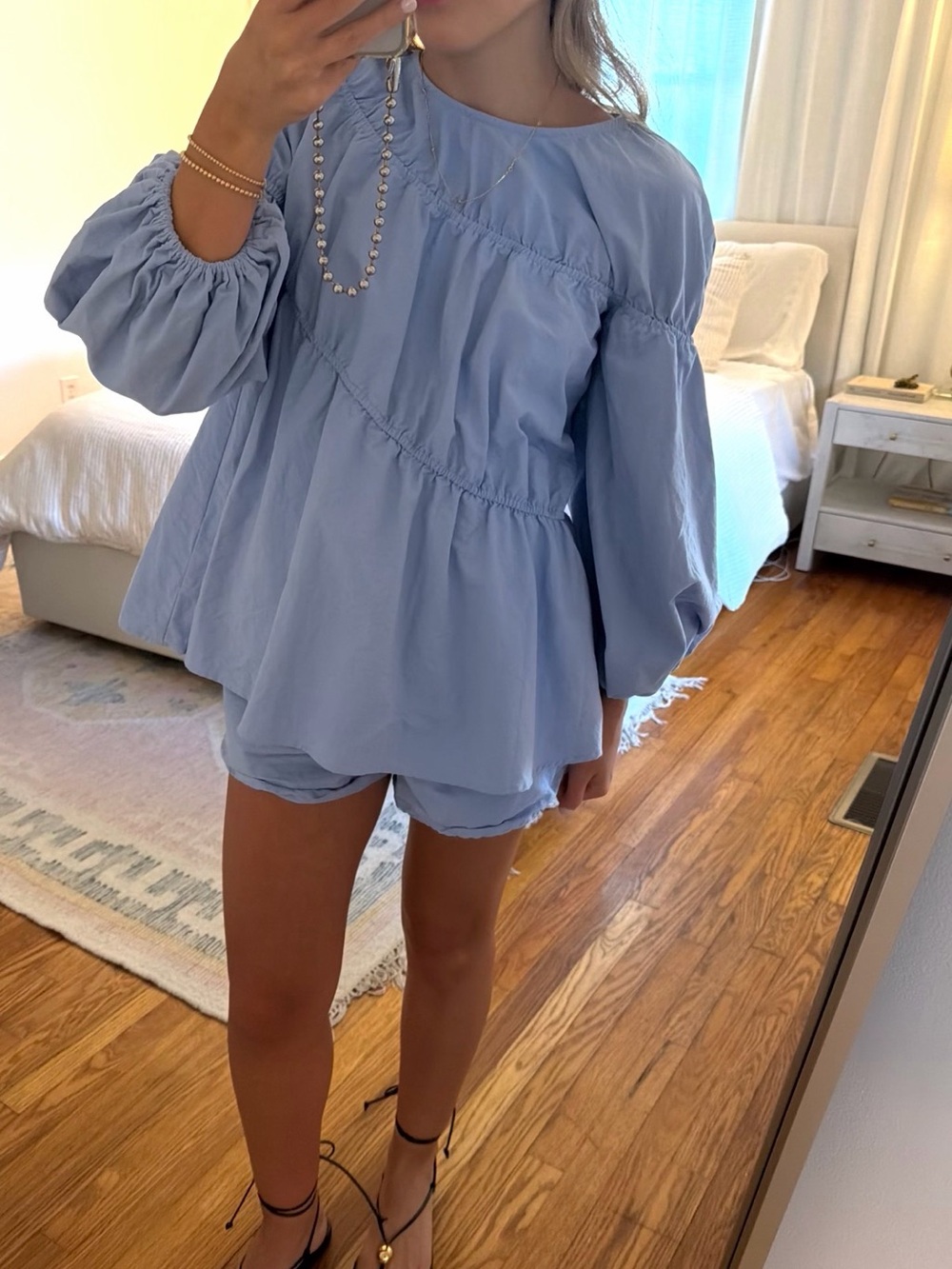 Light Blue Billowy Tunic Top with Puff Sleeves